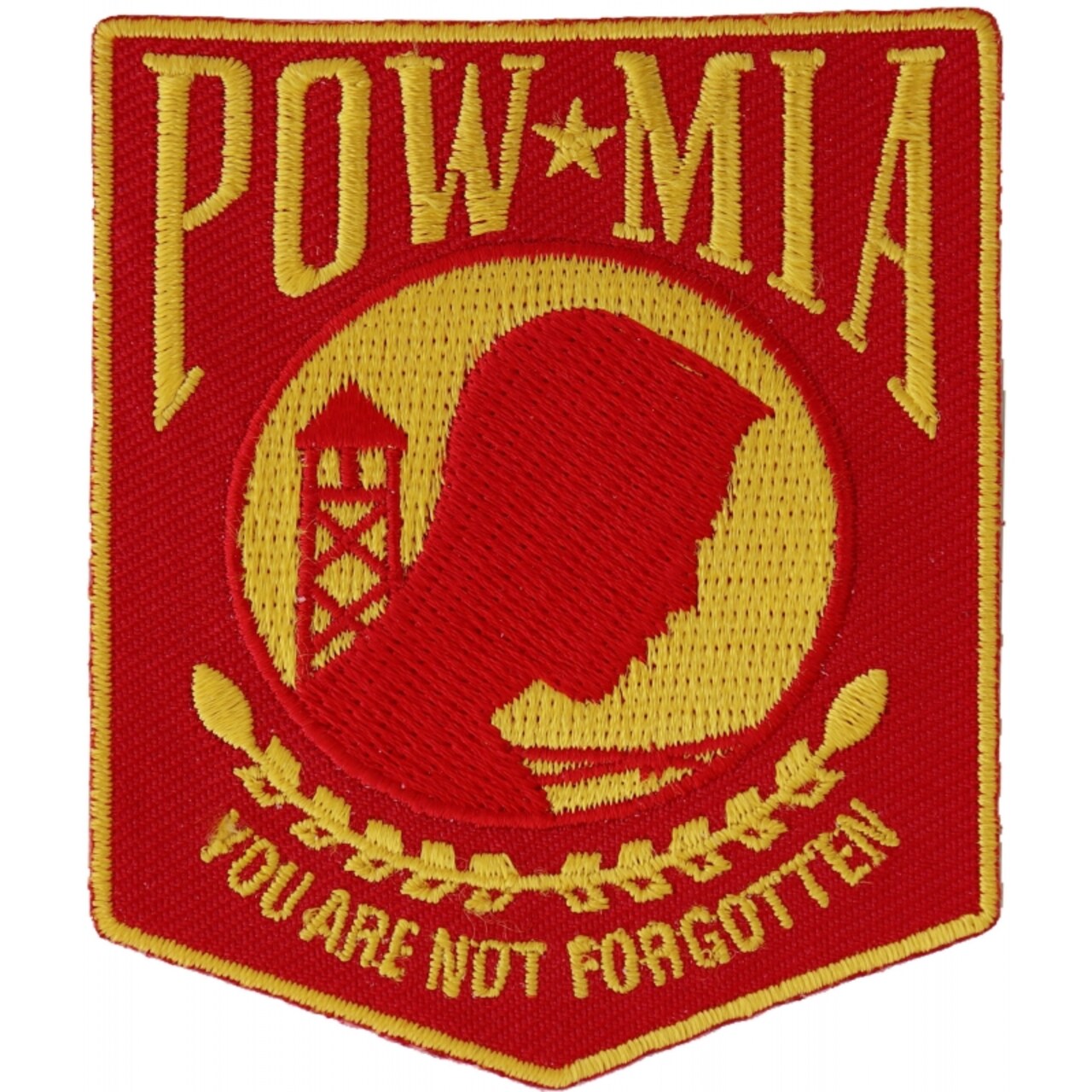 Patch, Embroidered Patch (Iron-On or Sew-On), POW MIA Shield (Red and Yellow), 2.5" x 3"